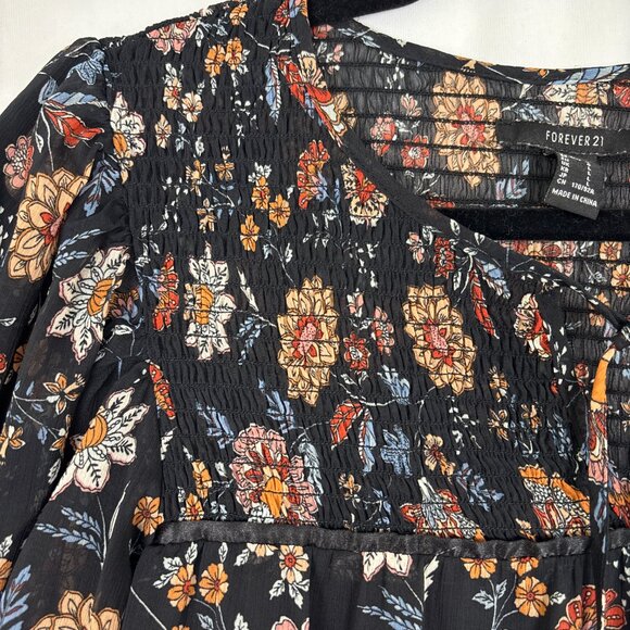 Forever 21 Black Floral Boho Babydoll Mini Dress Women’s‎ Large Tiered Skirt - Picture 5 of 16